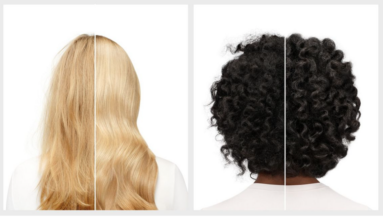 A split-screen comparison showing the back of a person's head with long blonde hair on the left and curly black hair on the right, likely illustrating hair care or extension results.