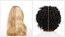 A split-screen comparison showing the back of a person's head with long blonde hair on the left and curly black hair on the right, likely illustrating hair care or extension results.