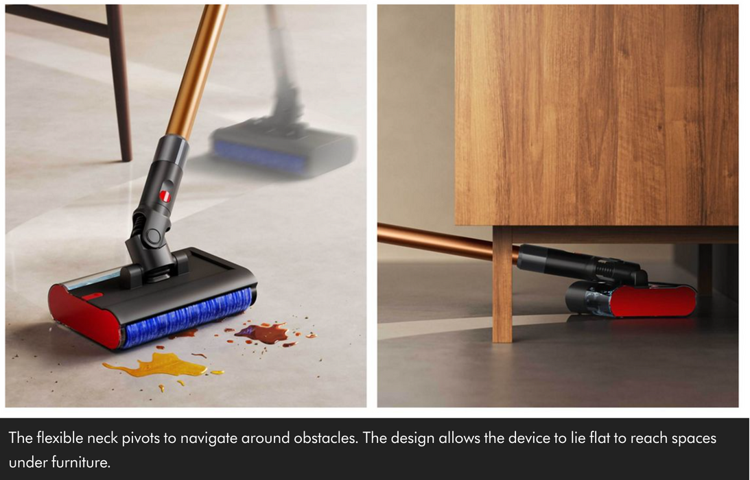 A split-panel product demonstration of a flexible neck cordless vacuum cleaner. The left panel shows the vacuum head with blue bristles cleaning up spilled liquid on a light floor, with the flexible neck reaching into the background.