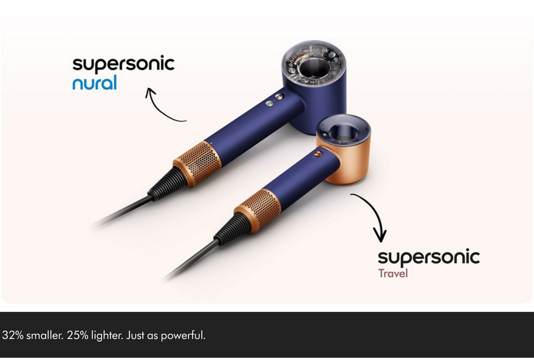 Two supersonic hair dryer models shown on a light beige background: the larger 'supersonic nural' in dark blue with copper accents, and the smaller 'supersonic Travel' in dark blue with copper accents. Text and arrows point to each model, with a black banner at the bottom reading '32% smaller.