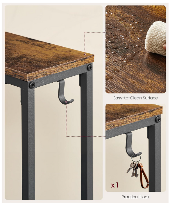 Industrial-style console table with a rustic brown wood-look top and dark gray metal legs, featuring a hanging hook. The image includes close-up inset photos showing the easy-to-clean wood surface and a practical hook holding keys.