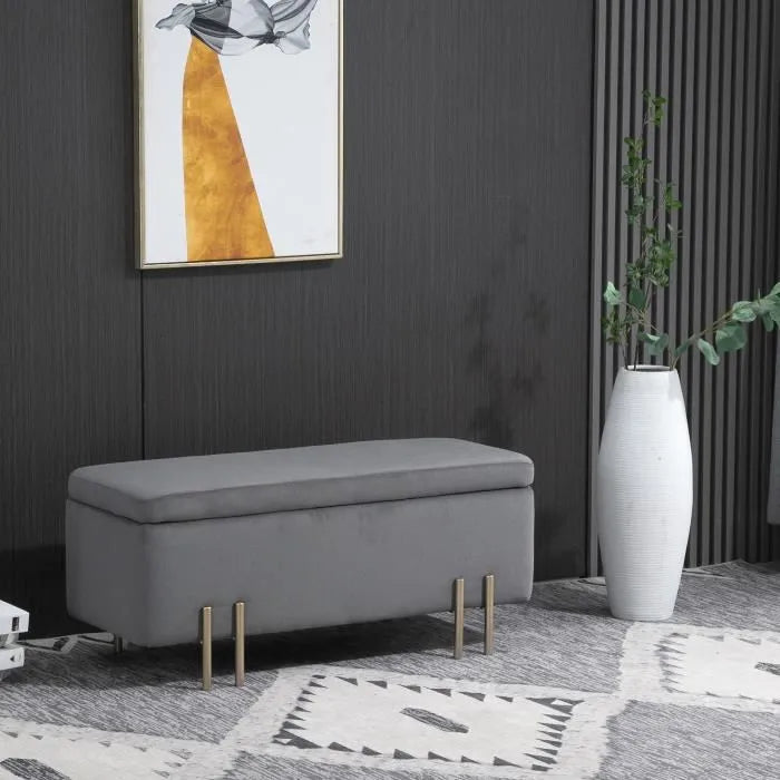Contemporary storage bench with storage chest, in gray velvet and gold metal