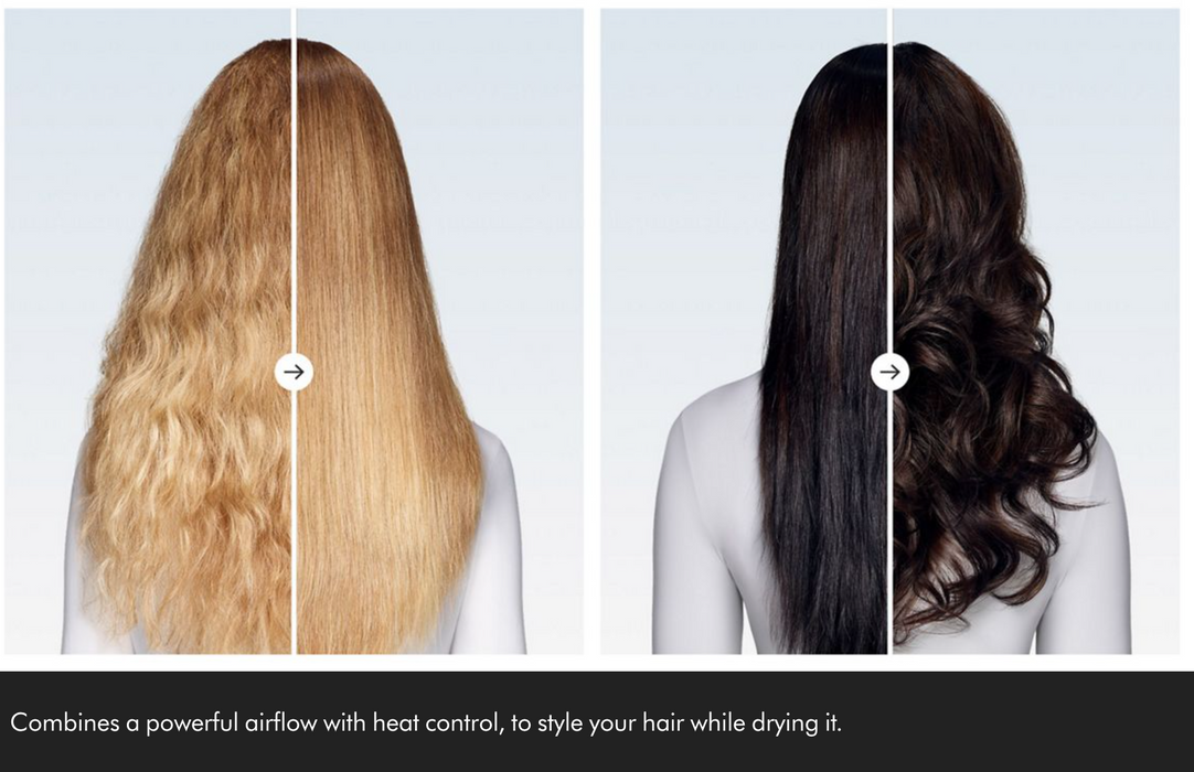 Before-and-after hair styling comparison showing a model from the back with long blonde hair on the left and long dark brown hair on the right, with text at the bottom describing airflow and heat control.
