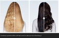 Before-and-after hair styling comparison showing a model from the back with long blonde hair on the left and long dark brown hair on the right, with text at the bottom describing airflow and heat control.