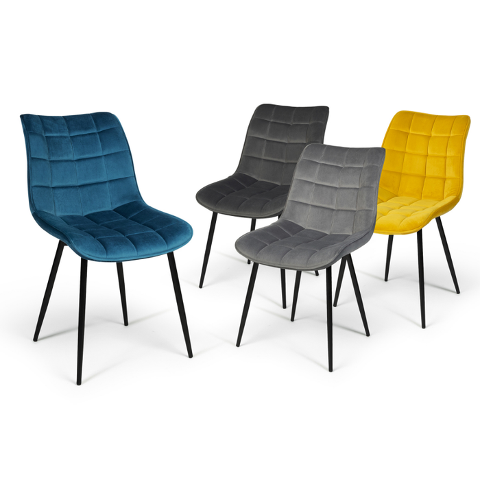 MADDY Set of 4 chairs in blue, yellow, light and dark grey and dark velvet