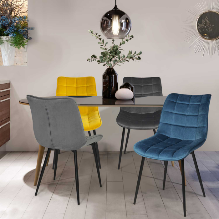 MADDY Set of 4 chairs in blue, yellow, light and dark grey and dark velvet