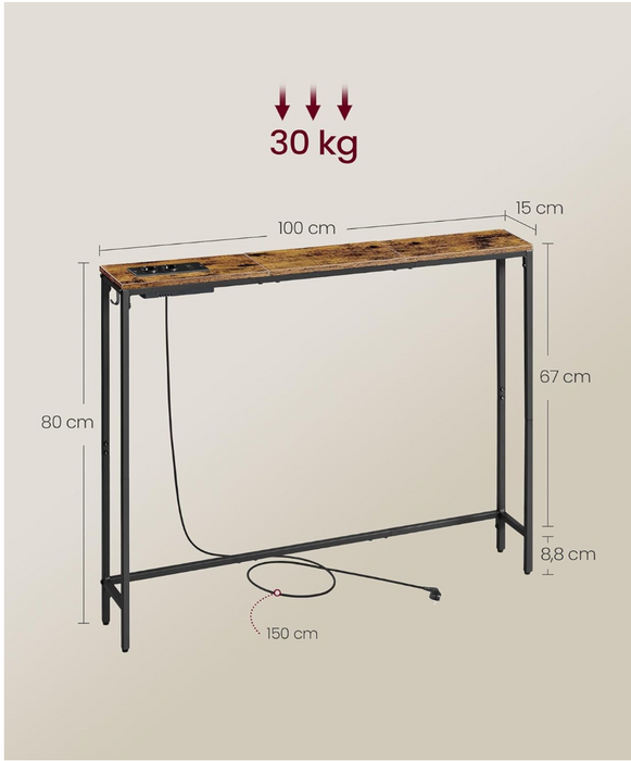 A black metal console table with a rustic brown wood-grain top, shown with dimension labels and a 30 kg weight indicator on a light beige background.