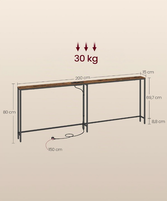 Industrial console table with a dark wood top and black metal frame, shown with dimension labels (200 cm, 80 cm, 69,7 cm, 8,8 cm, 15 cm, 150 cm) and a red '30 kg' weight indicator on a beige background.