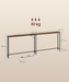 Industrial console table with a dark wood top and black metal frame, shown with dimension labels (200 cm, 80 cm, 69,7 cm, 8,8 cm, 15 cm, 150 cm) and a red '30 kg' weight indicator on a beige background.