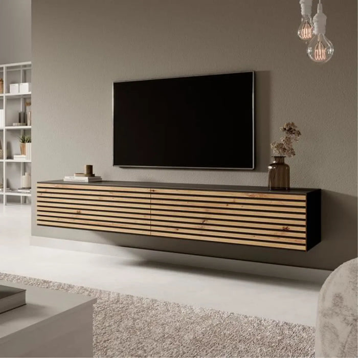 TV cabinet - 175 cm - black with handcrafted milled oak front