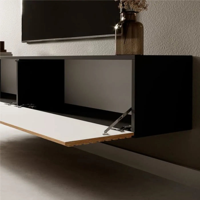 TV cabinet - 175 cm - black with handcrafted milled oak front