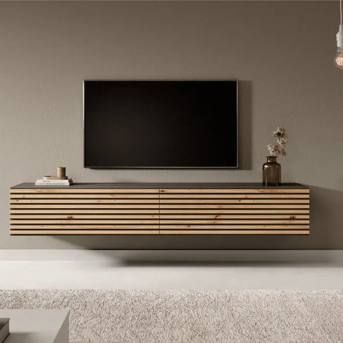 TV cabinet - 175 cm - black with handcrafted milled oak front