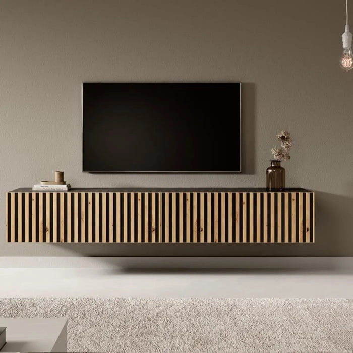 TV cabinet - 175 cm - black with handcrafted milled oak front