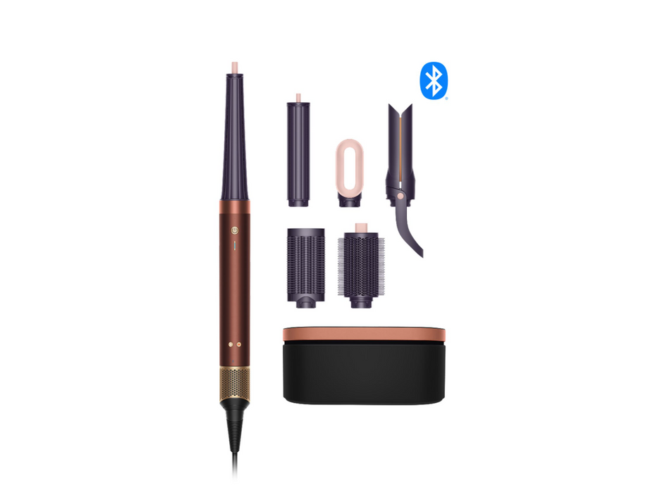 A wireless hair styling pen shown with multiple interchangeable attachment heads and a charging case on a plain white background, plus a small Bluetooth icon indicating wireless connectivity.