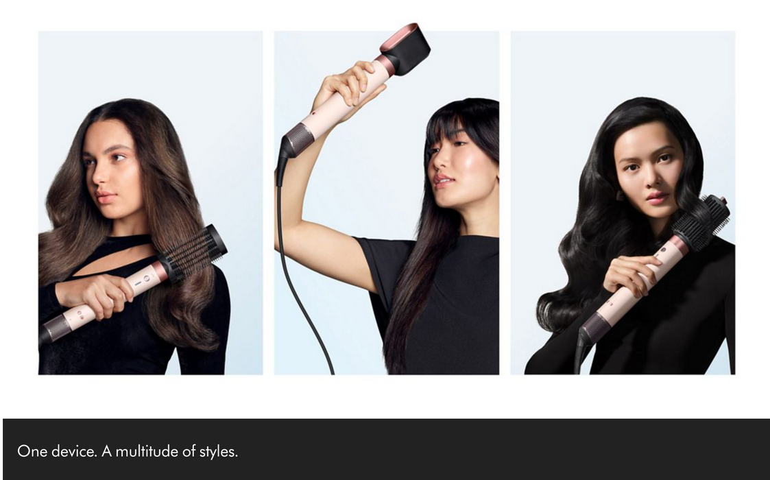 Three-panel promotional photo showing a woman with long dark hair styling her hair using a handheld hairbrush-style curling tool. She appears in black clothing against a pale blue background, with the product shown in multiple use positions.