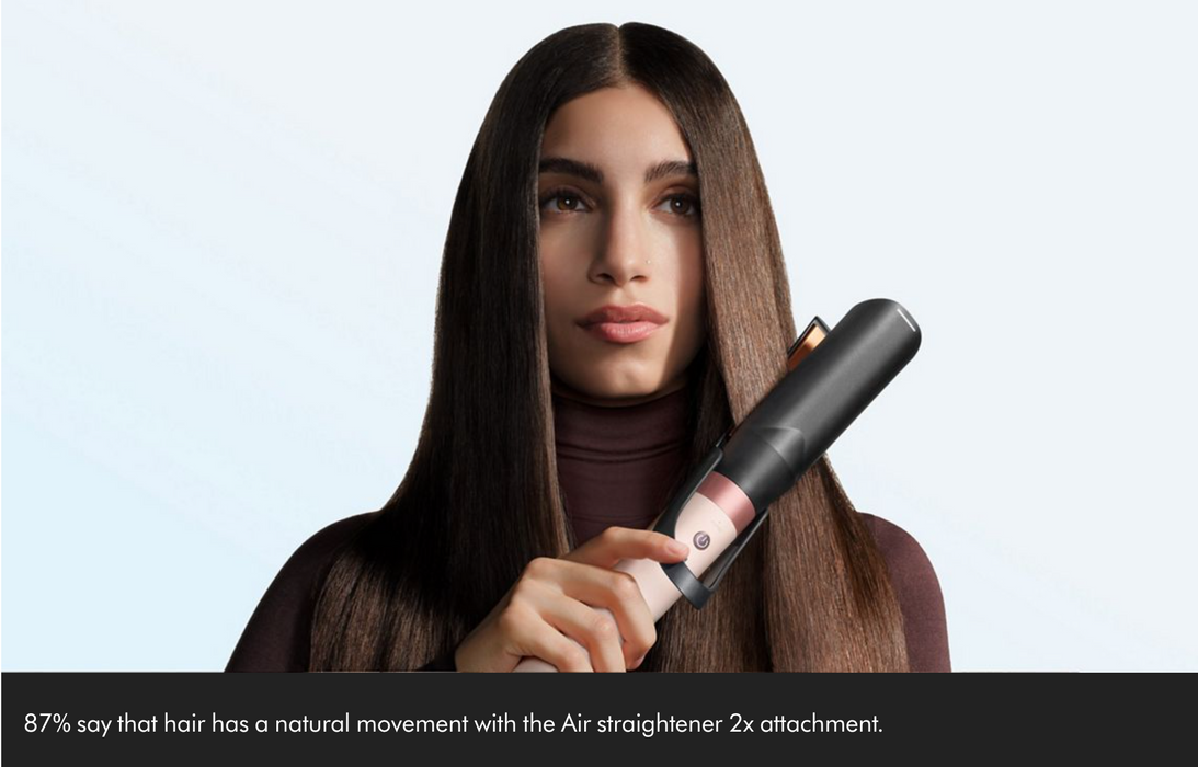 A woman with long, straight dark brown hair holds a black and rose gold hair straightener against her hair, set against a light blue background with a black text banner at the bottom.