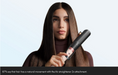 A woman with long, straight dark brown hair holds a black and rose gold hair straightener against her hair, set against a light blue background with a black text banner at the bottom.