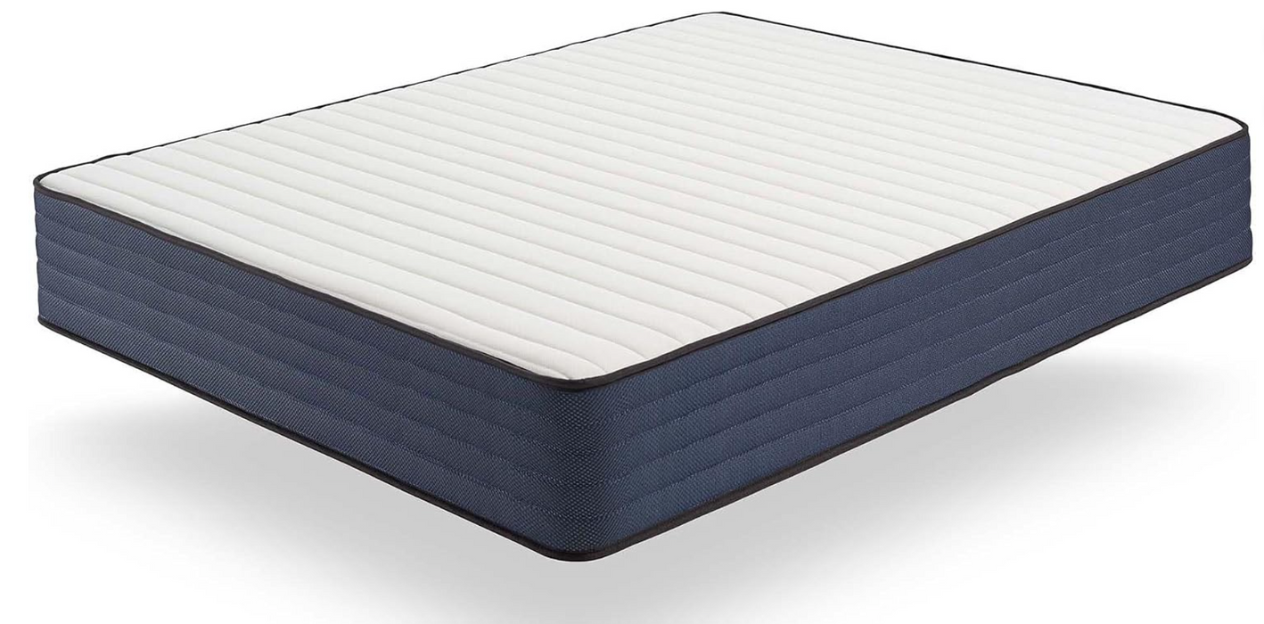 A mattress shown at an angle on a clean white background, featuring a white ribbed top surface and dark navy blue sides. Summer side