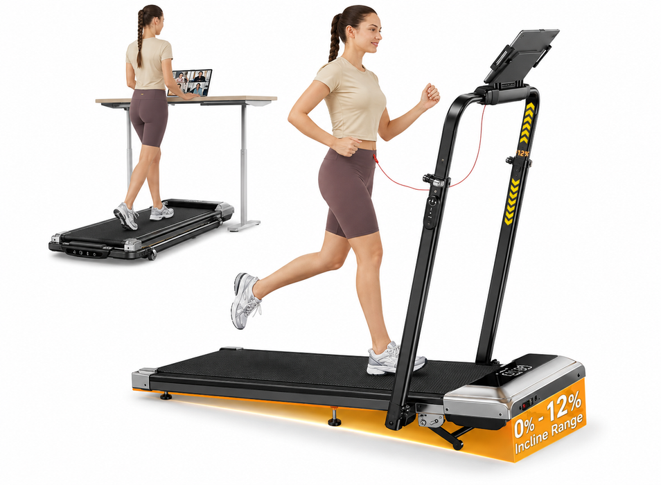 A woman is shown running on a treadmill in the foreground, with a smaller inset showing another woman using a standing desk attachment on the treadmill bed. The treadmill is black with a bright orange base panel and gray side housing, photographed on a clean white background.