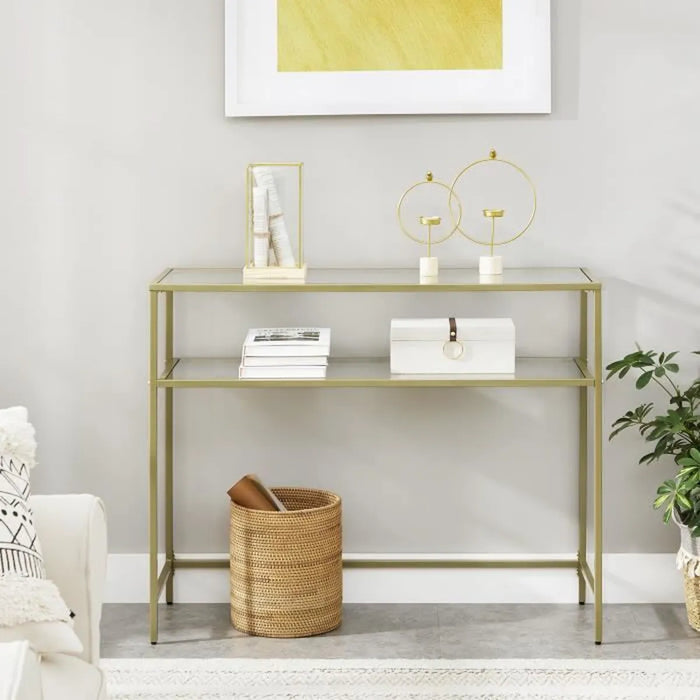 Console table, Hall table, 2 tempered glass shelves, steel frame, 100 x 35 x 80 cm, Gold