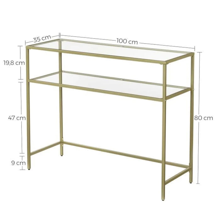 Console table, Hall table, 2 tempered glass shelves, steel frame, 100 x 35 x 80 cm, Gold