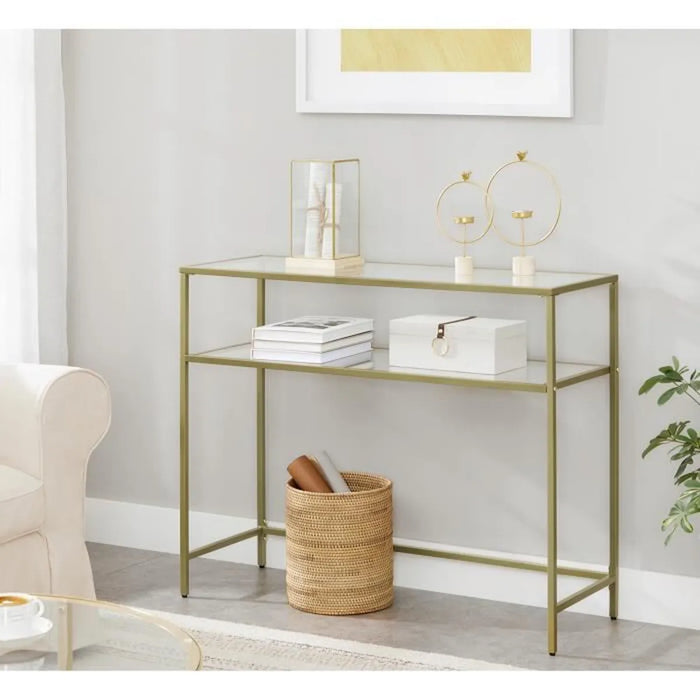 Console table, Hall table, 2 tempered glass shelves, steel frame, 100 x 35 x 80 cm, Gold
