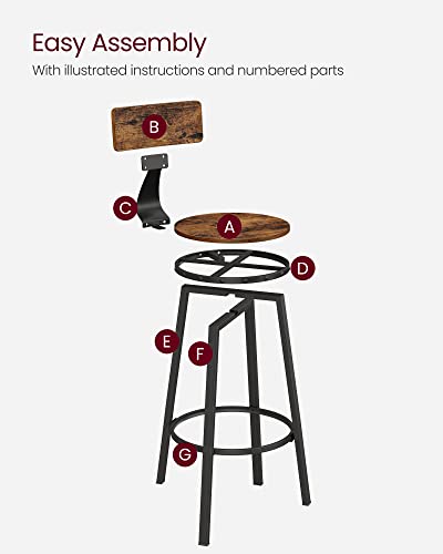 Bar Stools, Kitchen Stools, Set of 2 Tall Bar Chairs with Backrest