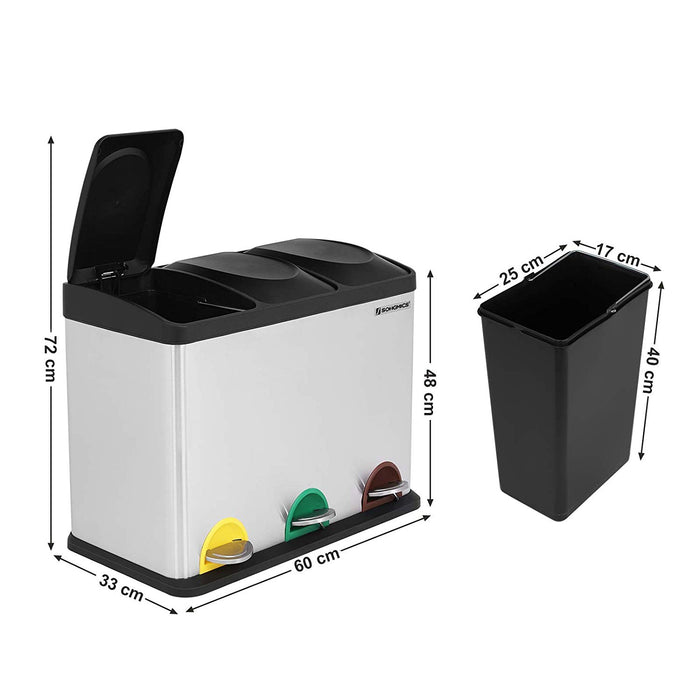 45L Recycling 3 Pedal Bin with 3 compartments - Dimensions 33cms d x 60cms w x 48cms h