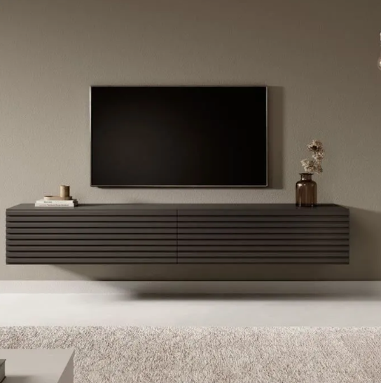 TV cabinet - 175 cm - black with handcrafted milled oak front
