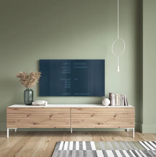 TV cabinet - 175 cm - black with handcrafted milled oak front