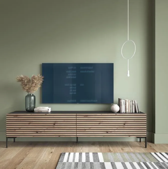 TV cabinet - 175 cm - black with handcrafted milled oak front