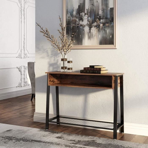 Wooden vintage style console with open storage and bottom metal shelf 