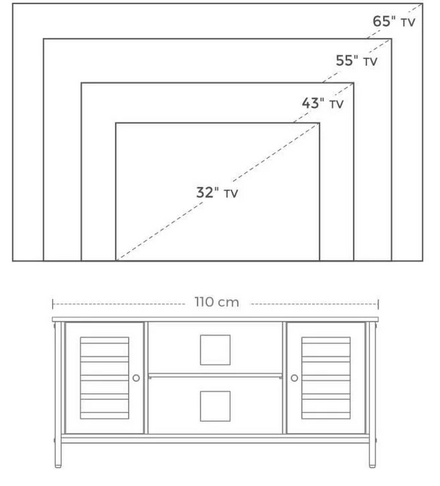 Drawing of tv cabinet with several tv sizes from 32"  up to 65"
