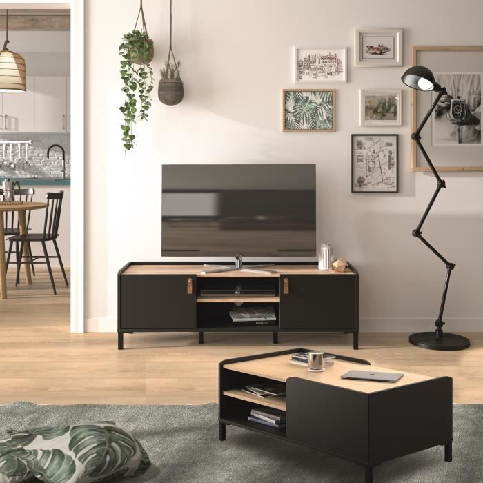 Rotterdam Black TV cabinet with leatherette handles