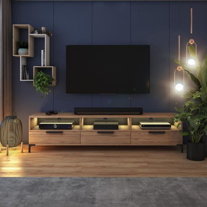 Pikke TV Unit in Wotan Oak and black matte - shelves and closed compartments