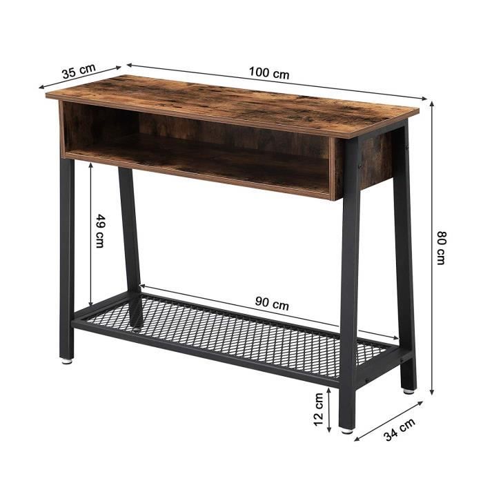 Wooden vintage style console with open storage and bottom metal shelf 