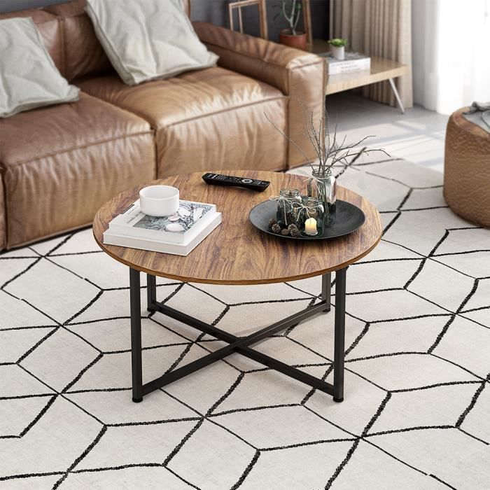 Lora Industrial Style Round Coffee Table - Wooden Top and Metal Feet